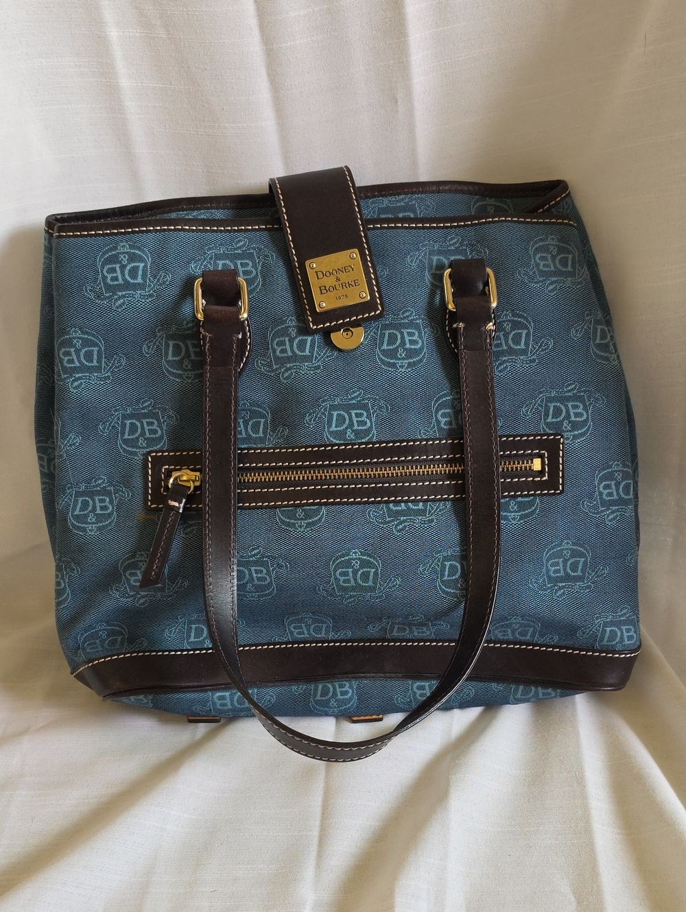 Dooney & Bourke Teal Logo Tote with Dark Brown Trim